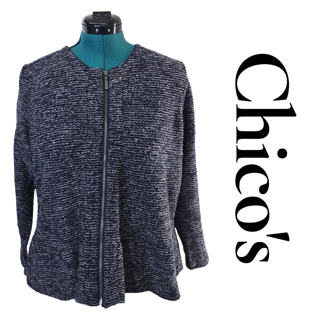 Chicos Navy White Marled Knit Full Zip Peplum Cardigan Sweater Size 3 XL
